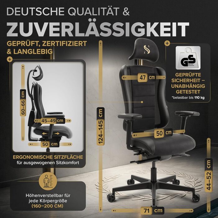 Ергономічне офісне крісло запатентоване 3D-з&39єднання сидіння Робоче крісло, 100 індивідуальне регулювання Ергономічне офісне крісло Комп&39ютерне крісло Обертове крісло, вантажопідйомність 150 кг, чорне Legatus Plus