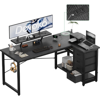 Г-подібний письмовий стіл Devoko з 4 тканинними шухлядами, двосторонній кутовий стіл з 2 розетками та 2 USB-портами, Г-подібний комп&39ютерний стіл для домашнього офісу, чорний, 140x80 см