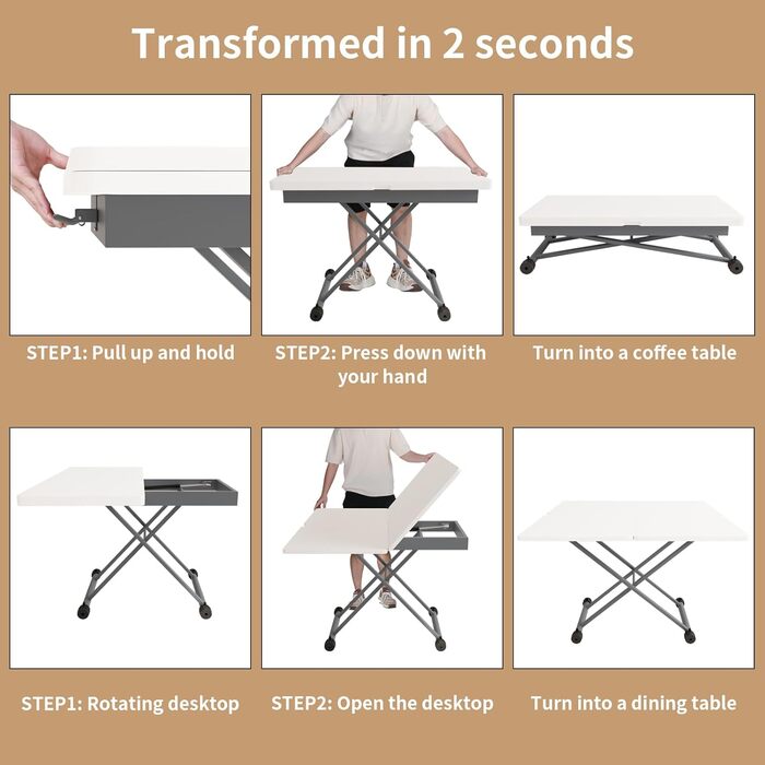 Журнальний столик VOWNER з регульованою висотою, розсувний обідній стіл 3-в-1, що економить місце, для їдальні, поворотний, трансформується у вітальню, обідній стіл, вітальню та багато іншого (білий з деревним малюнком)