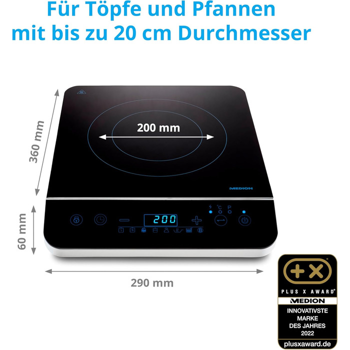 Індукційна конфорка MEDION / 2000 Вт / діапазон температур 60-240 C / 8 автоматичних програм / 10 рівнів потужності / LED-дисплей / MD 17595 / чорний