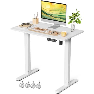 Стіл з регульованою висотою 88 x 50 см, цільна стільниця, електричний стіл з 4 колесами для роботи сидячи та стоячи, невеликий комп&39ютерний стіл для домашнього офісу, білий, ДСП, 88 x 50 см