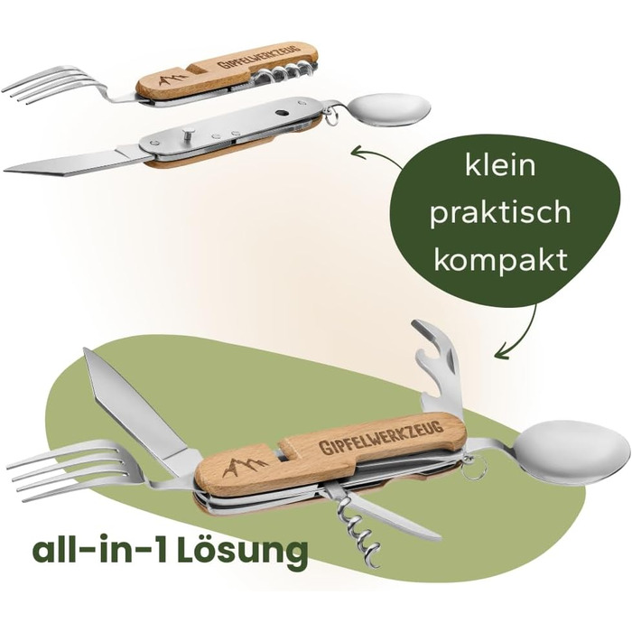 Універсальні столові прибори для кемпінгу Gipfelgaudi ідеально підходять для походів, пікніків тощо Столові прибори без пластику, виготовлені з нержавіючої сталі та дерева