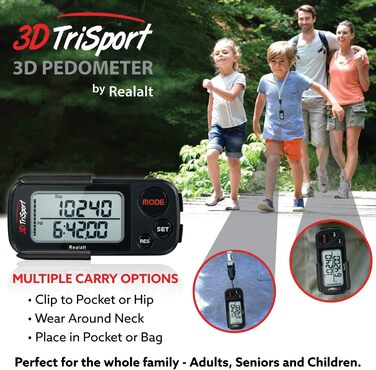 Крокомір Realalt 3DTriSport 3D із затискачем та ремінцем, в комплекті електронна книга 30-денна пам&39ять, точний крокомір, відстань ходьби в милях/км, лічильник калорій, щоденне відстеження часу тренувань (чорний)
