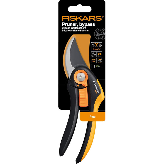 Садові ножиці Fiskars Bypass, Plus SmartFit, P541, Для свіжих гілок та сучків, Антипригарне покриття, Леза з нержавіючої сталі, Довжина 20,1 см, Чорний/Помаранчевий, 1057169 Садові ножиці P541 Одинарні