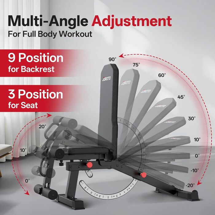 Регульована силова лава JOROTO MD65, багатофункціональна силова лава для домашнього використання, тренувальна лава з максимальним навантаженням 800 кг, 9-позиційна регульована спинка та 3-позиційне регульоване сидіння для фітнесу