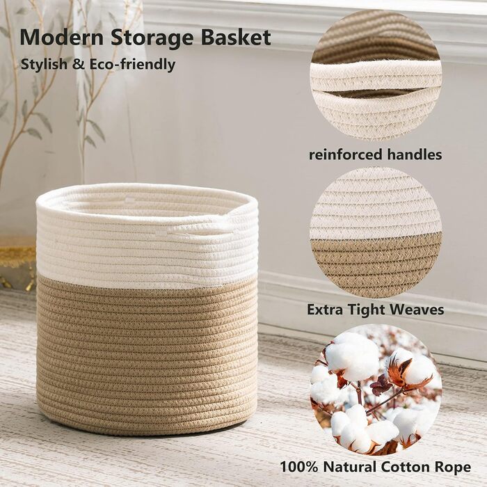 Плетений бавовняний кошик, 2 шт., зберігання іграшок для дитячої кімнати, кошик для зберігання, кошик для рослин для вітальні, спальні, 28(Г) x 28(В) см, натуральний, 2 шт. білий/натуральний