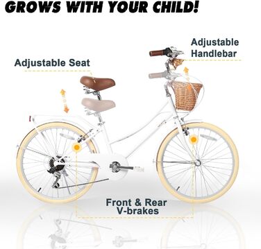 Міський велосипед Glerc Missy 20&39 24&39 26&39 дюймів для дівчаток старше 8 років, гібридний, 6-швидкісний, з плетеним кошиком, легкий, білий, 24 дюйми, із заднім багажником, різні кольори