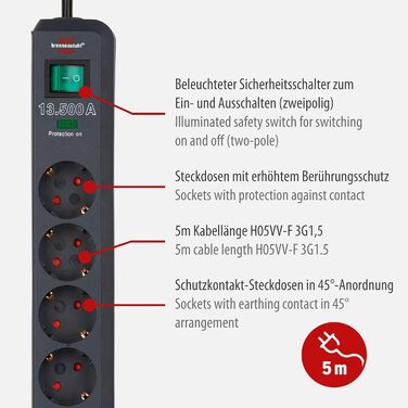 Розетка Brennenstuhl 6-місна із захистом від перенапруги та кабелем 5 м (розетка Eco-Line з вимикачем та підвищеним захистом від д
