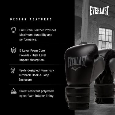 Боксерські рукавички Everlast Powerlock 2R, для боксерського мішка, лап та спарингу, з функцією підтримки зап&39ястя Turnback, 4-шарова піна оригінальне спорядження Everlast Black 14OZ