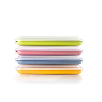 Набір із 4 кришок для ковбас та делікатесів, 4 кришки розміром 24,8 x 14,4 x 3,3 см кожна, пластик без бісфенолу А, багаторазові, жовтий червоний зелений синій, різні кольори