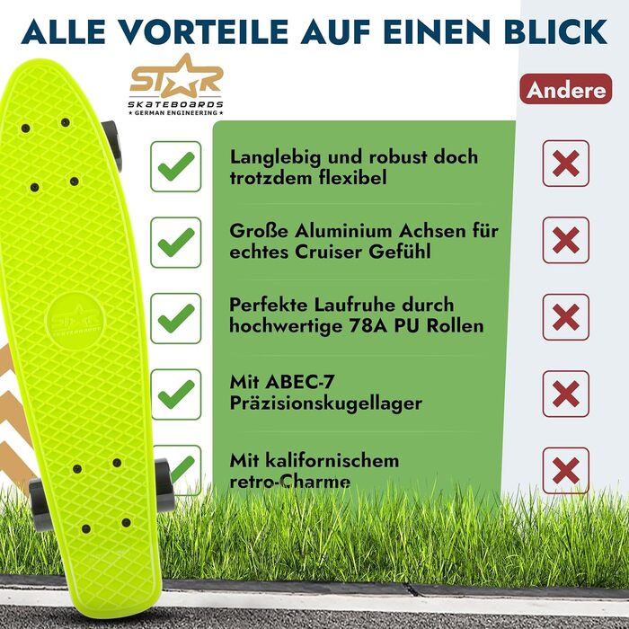 Скейтборд BIKESTAR Vintage Retro Cruiser 60 мм - круїзерний скейтборд для дітей та дорослих, початківці від 6-8 років, ретро дизайн Gecko Green Devilish Black