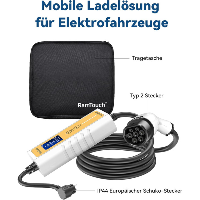 Зарядний кабель RamTouch для електромобілів типу 2 Schuko (3,7 кВт, 6,5 м), мобільна настінна коробка Schuko з регульованою та зап