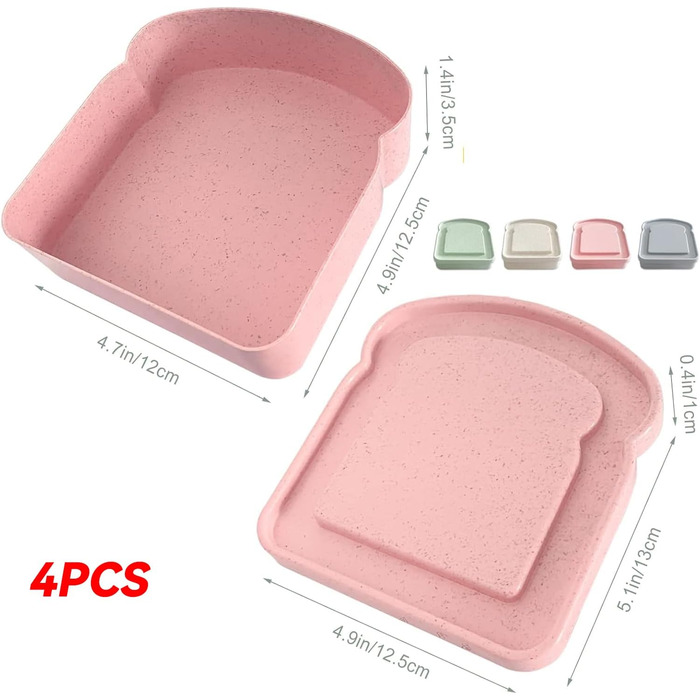 Набір з 4 контейнерів для сендвічів прямокутної форми, пластикові, для приготування, мікрохвильової печі та посудомийної машини, 12,5 x 12 x 3,5 см, рожевий, блакитний, зелений, бежевий
