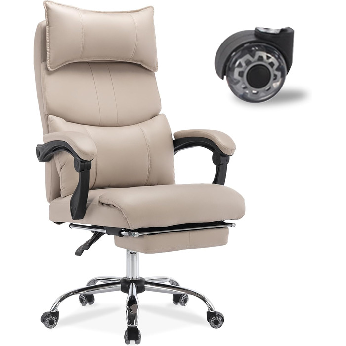 Ергономічне офісне крісло з підставкою для ніг, підголівником та поперековою опорою, регульоване крісло для керівника, вантажопідйомність до 150 кг, регульована висота, ідеально підходить для офісу та домашнього офісу, бежевий