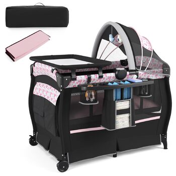 Дорожнє ліжечко COSTWAY 5 в 1 з матрацом, складне приліжкове ліжечко з регульованим балдахіном, дитяче ліжечко з пеленальний килимок, музичний мобіль та сумка для перенесення, дитяче дорожнє ліжечко до 15 кг (рожеві квіти)