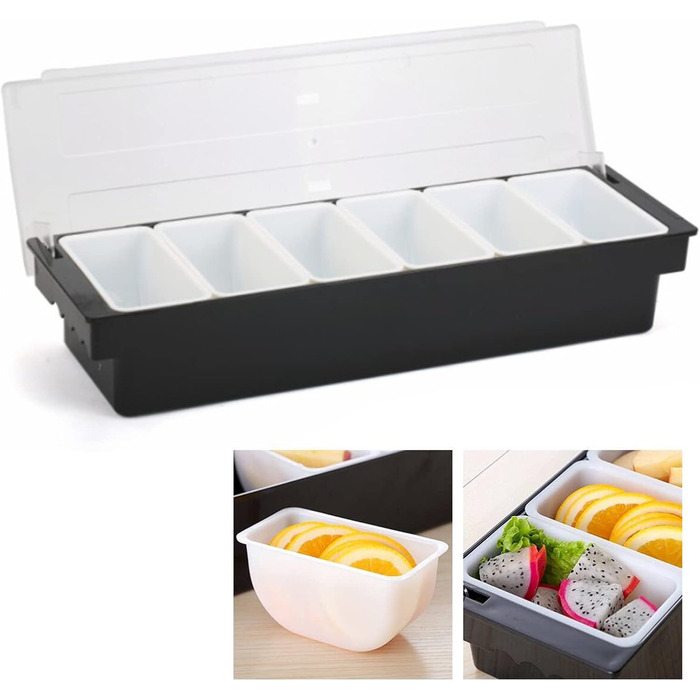 Набір контейнерів для подачі страв Смаколик 6 відділень, пластиковий та металевий контейнери для овочів, фруктів, спецій та гарнірів з кришками