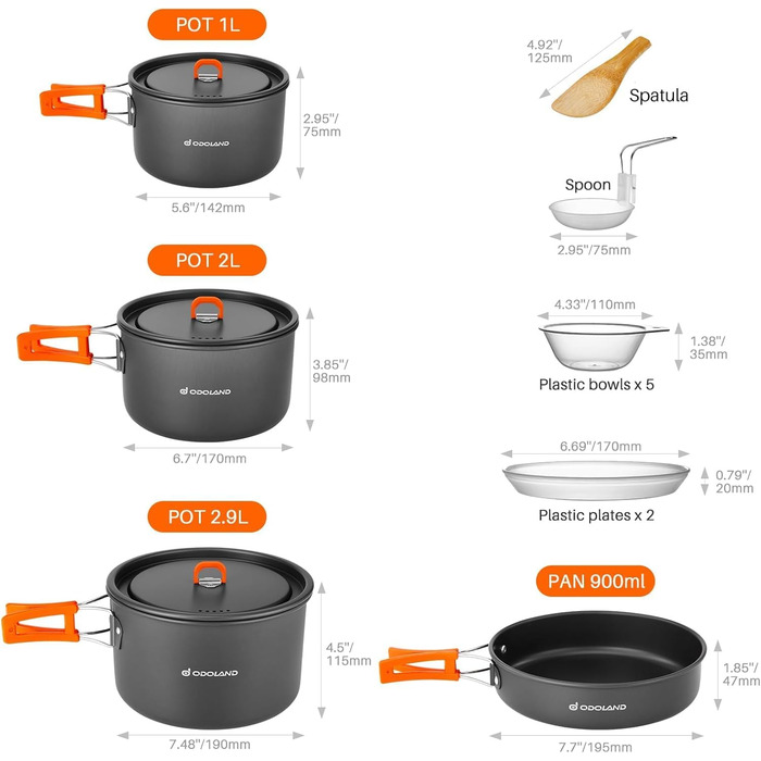 Набір посуду для кемпінгу Odoland з 15 предметів, набір посуду для кемпінгу з 2 каструлями, сковородою та чайником, набір посуду для кемпінгу, алюмінієвий посуд для 4-5 осіб, набір посуду для кемпінгу 1