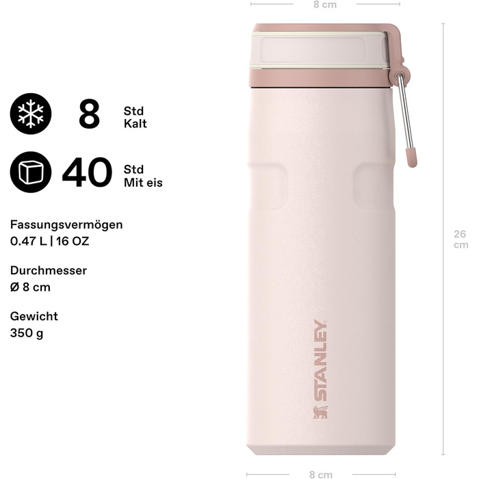 Пляшка Stanley IceFlow Twist Flip 0,47 л - Зберігає напої крижаними протягом 12 годин - 3 днів - Можна мити в посудомийній машині - Перероблена нержавіюча сталь - Без BPA - Двостінна вакуумна ізоляція - Рожевий кварц 470 мл