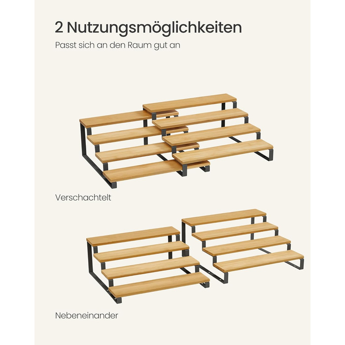 Стелажі для спецій, кухонні полиці, кухонний органайзер, комплект з 2 шт., дерев&39яний композит, 4 полиці кожна, висувні, штабелюються, для комори, стільниця, натуральний бежевий-чорний колір KCS216N01 Натуральний бежевий чорний, 4 яруси (31,9 Г x 14,8 В