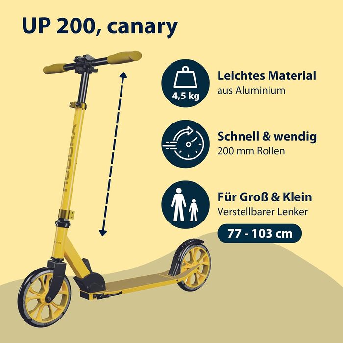 Самокат HUDORA Scooter Up 200 безшумний алюмінієвий самокат до 100 кг, з регулюванням висоти та можливістю складання, для дітей, підлітків та дорослих, колір Normal canary