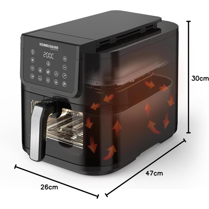 Аерофритюрниця ROMMELSBACHER FRH 1700, XXL-чаша 8 л (21 x 30 см) для 1 кг картоплі фрі, тихий режим 45 дБ(А), 10 програм, 60-200 C, велике вікно з підсвіткою