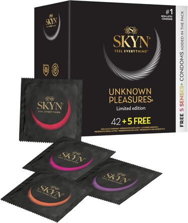 Презервативи SKYN Unknown Pleasure (42 шт. и) та презервативи 5 Senses (5 шт. ) Без латексу, 6 x грудок, 18 x Daiquiri, 6 x зігріваючий гель, 6 x охолоджуючий ментоловий гель, 6 x стимулюючий, можна використовувати з нашими мастилами