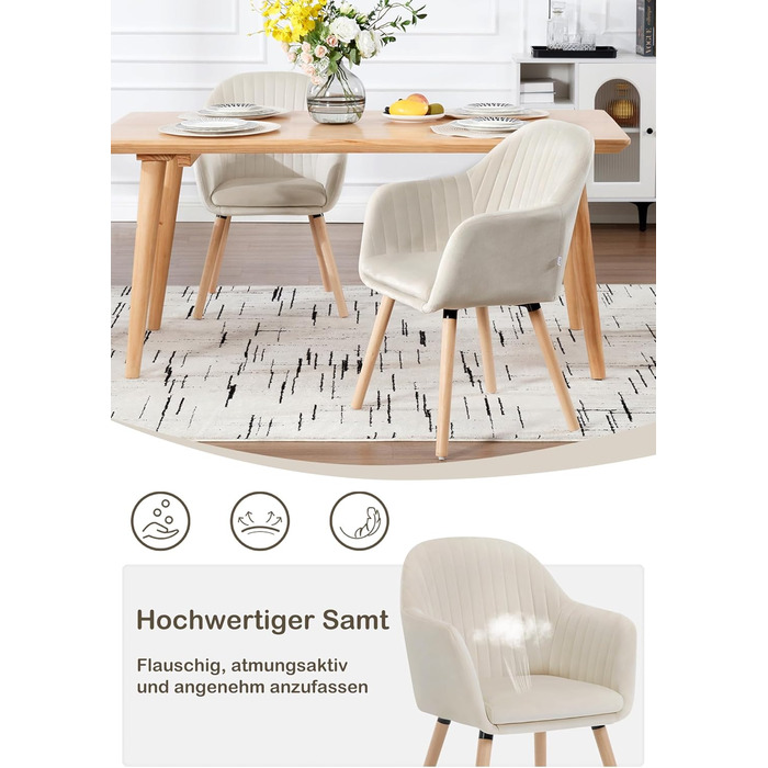 Обідні стільці WOLTU, комплект з , для спальні, кухні, вітальні, м&39які кухонні стільці з підлокітниками, виготовлені з оксамиту та масиву дерева, кремово-білий, комплект з