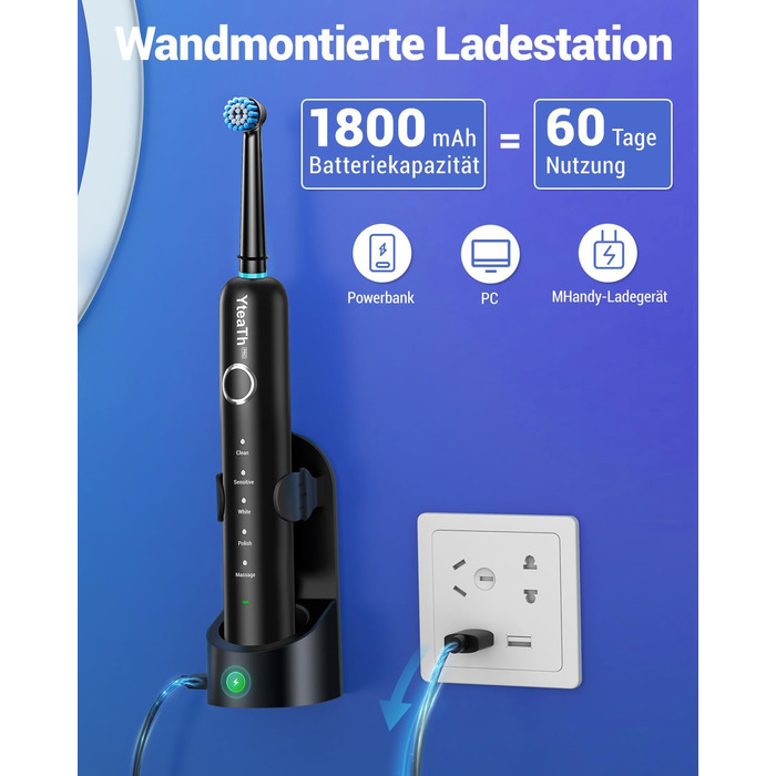 Обертова електрична зубна щітка для дорослих і дітей з 8 насадками, електрична зубна щітка з настінним тримачем та зарядною станцією, 5 режимів чищення та дорожній футляр, 60 днів роботи від акумулятора (Чорний)