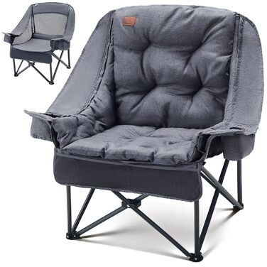 Складаний кемпінговий стілець EVER ADVANCED 2-в-1, великий зі знімною оббивкою товщиною 6 см, вантажопідйомність 180 кг, складний стілець з боковими кишенями, відділенням для холодильника та тримачем для напоїв для кемпінгу, саду, риболовлі, сірого кольор