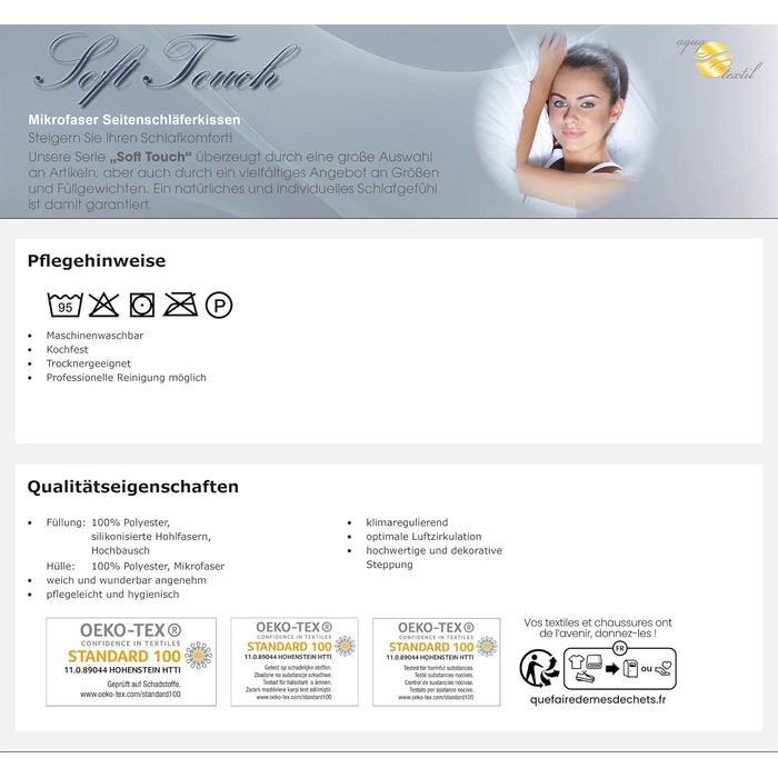 Подушка для сну на боці з акватекстилю 40 x 145 см, подушка для годування грудьми на блискавці 1500 г, клімат-регулююча подушка для сну на боці Oeko-TEX Soft Touch 40 x 145 см/1500 г