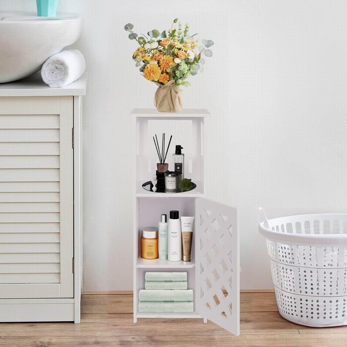 Невелика біла шафа для зберігання у ванній кімнаті, 3-рівневий окремостоячий органайзер з дверцятами, водонепроникна підлогова шафа для спальні, туалету, вітальні, офісу