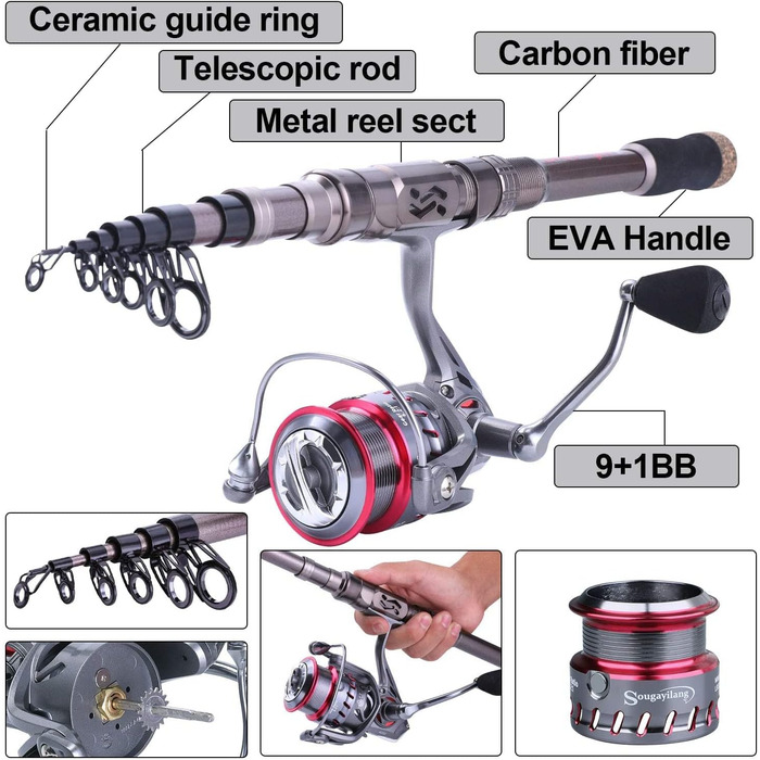 Комбінація вудок і котушок Sougayilang, телескопічна вудка з вуглецевого волокна 12 1 BB спінінгова котушка з сумкою для перенесення для набору снастей для морської та прісноводної риболовлі Fishing Rod-S24