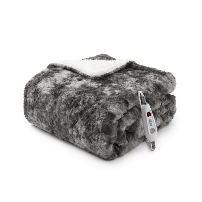 Електрична ковдра LinTimes з автоматичним вимкненням, 6 температурних режимів, 10 годин автоматичного вимкнення, електрична ковдра з PV оксамиту та шерпа-флісу, яку можна прати, 180 x 130 см, сірого кольору