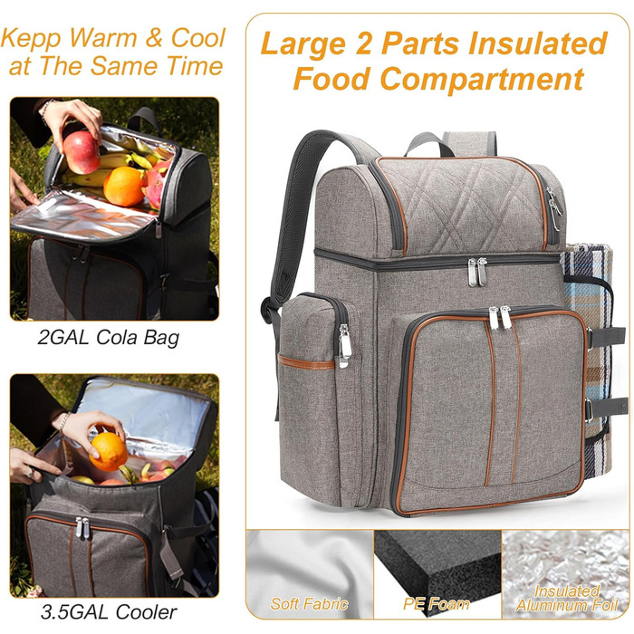 Рюкзак для пікніка на 4 особи, набір кошиків для пікніка, герметична сумка для пікніка, пляжний рюкзак-холодильник з ізольованою сумкою-холодильником, ковдра для пікніка, кемпінговий, колір хакі з брашуванням для парку