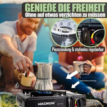 Газова плита MAGNUM з 4 газовими картриджами - Кемпінгова плита з газовими картриджами - Газова плита для кемпінгу