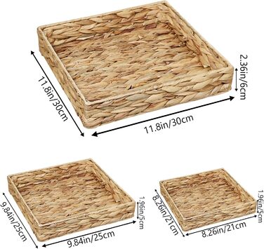 Набір із 3 підносів для зберігання, сплетених з водяного гіацинта та морської трави, квадратні декоративні підноси для подачі, кошики для зберігання ручної роботи з водяного гіацинта для вітальні, їдальні та ванної кімнати, кухні