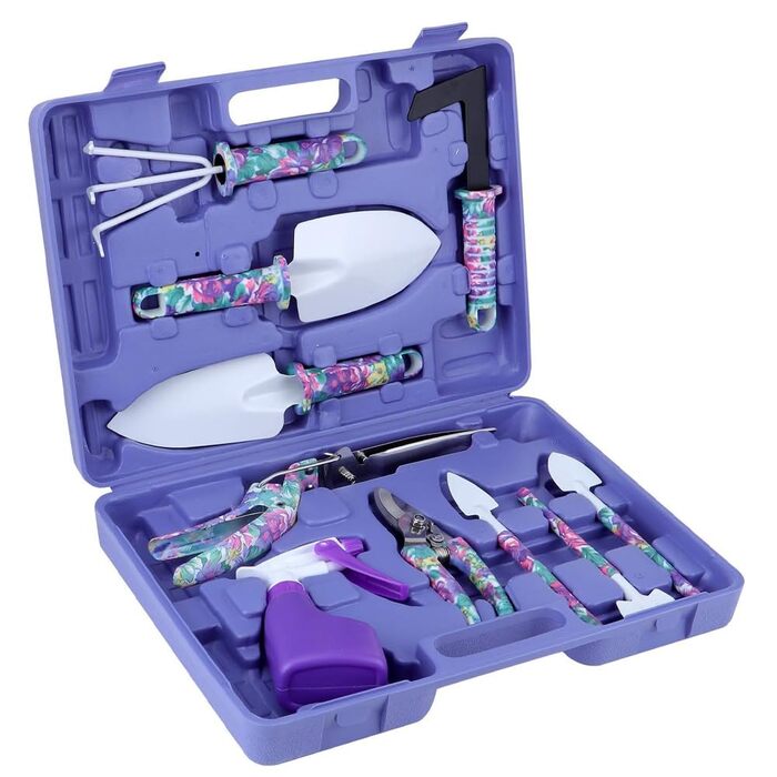 Набір садових інструментів 10 шт., з нержавіючої сталі, міцні та довговічні, з кейсом для зберігання. Ідеально підходить для посадки, обрізки та догляду за садом. Чудовий подарунок для садівника (фіолетовий)