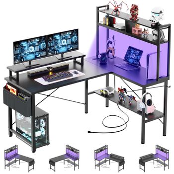 Г-подібний ігровий стіл з розетками та світлодіодним підсвічуванням, невеликий Г-подібний стіл, кутовий комп&39ютерний стіл з підставкою для монітора та полицею, з сумкою для зберігання, чорний