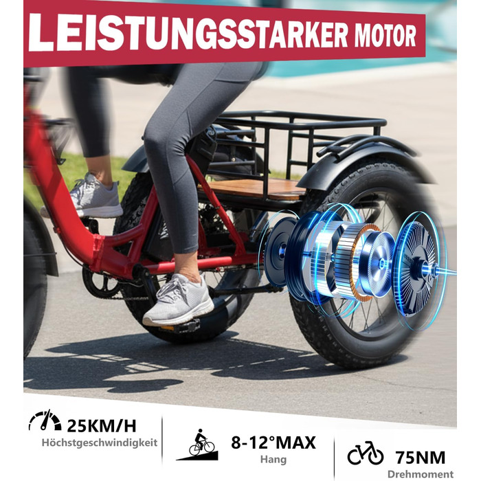 Електричний триколісний велосипед NOMOGO для дорослих, алюмінієвий складаний електровелосипед, акумулятор 48 В 15,6 Аг, 7-швидкісний електровелосипед, швидкість 25 км/год та запас ходу 90-110 км, товсті шини 20x4, передня частина та диференціал, комплексн