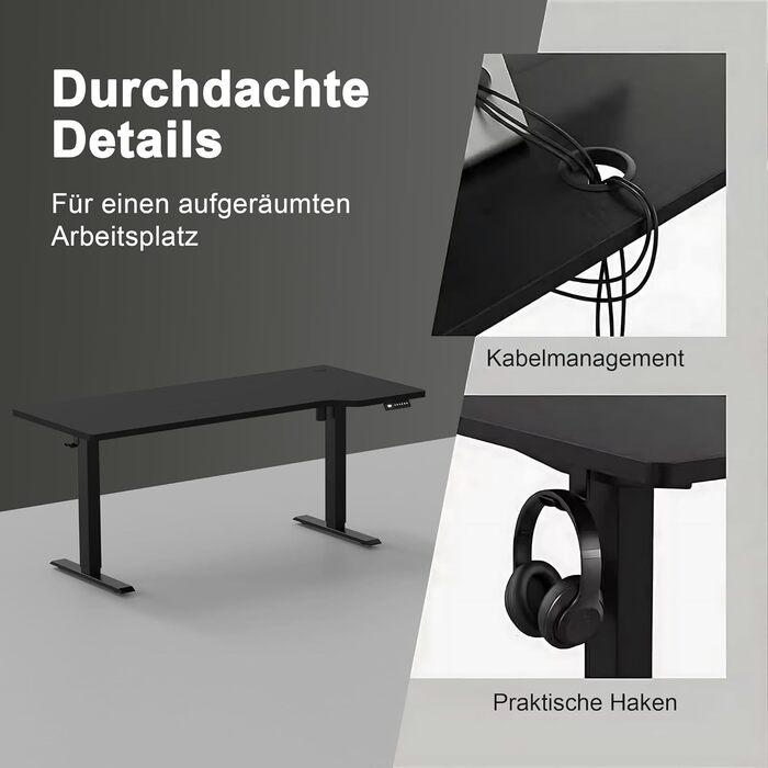 Стіл з регульованою висотою 180 x 85 см L-подібний стіл Регульований по висоті електричний, ергономічний ігровий стіл з гачками (чорний) Чорний 180 x 85 см