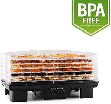 Дегідратор, дегідратор, сушарка для фруктів, м'яса та фруктів, 6 рівнів, штабельована, 550 Вт, регульована температура, робота з конвекцією, РК-дисплей, без бісфенолу А, чорний