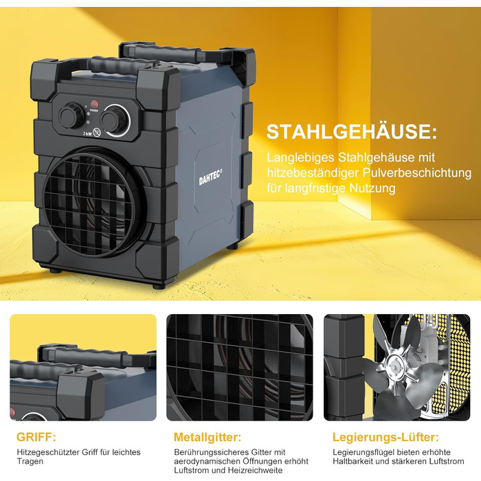 Професійний вентилятор-обігрівач з важким сталевим корпусом, 2000 Вт, будівельний обігрівач, електричний обігрівач, будівельна сушарка для гаража, будівельного майданчика, 2 кВт, чорний