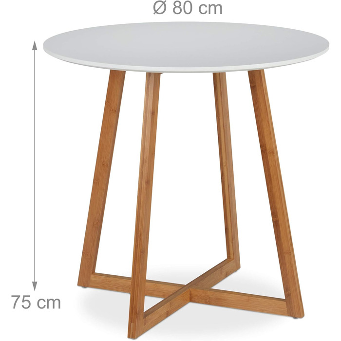 Круглий обідній стіл Relaxdays, на 2 персони, виготовлений з бамбука та МДФ, ВxГ 75x80 см Скандинавський, кухонний стіл, схрещені ніжки, білий/натуральний