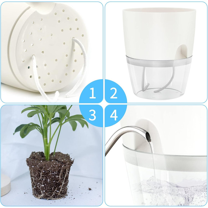 Пластикові квіткові горщики, 6 шт. , 22,3 см/15,3 см/10,5 см/8,2 см, горщики для трав із самополивом та резервуаром для води, сучасні горщики для кімнатних рослин, квітів та трав - Білі, комплект із 6 предметів