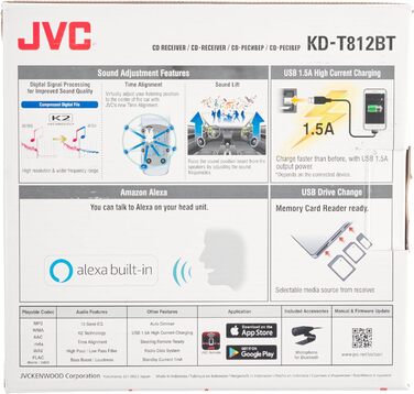 Ресивер JVC KD-T812BT із системою гучного зв'язку BT (вбудований Alexa, високопродуктивний тюнер, звуковий процесор, USB, AUX, Spotify Control, 4 x 50 Вт, підсвічування червоної клавіші) Одномісний