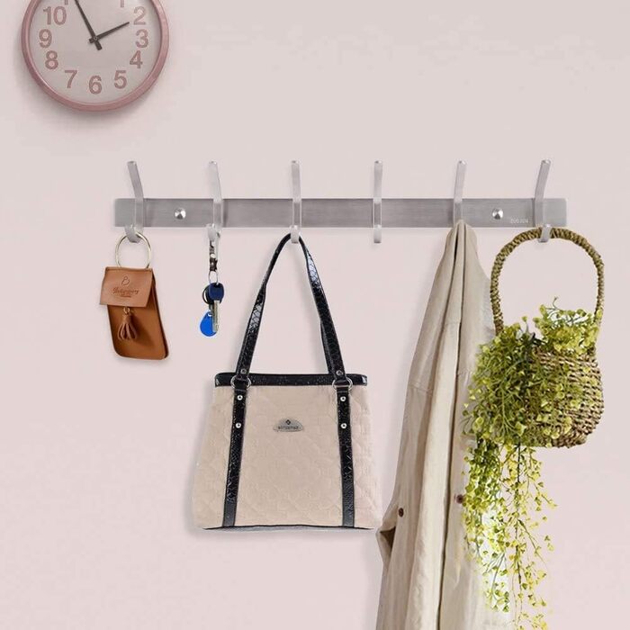 Гачок-рейка з нержавіючої сталі гачки для одягу матовий вигляд подвійні гачки до 30 кг вантажопідйомність гачки (срібло, 6 гачків)