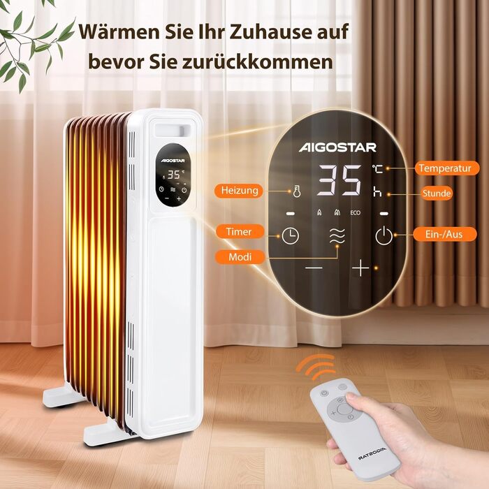 Енергозберігаючий масляний радіатор потужністю 2500 Вт з пультом дистанційного керування, 13 ребрами, розумний термостат, 3 режими нагріву, 24-годинний таймер, світлодіодний дисплей, захист від перекидання та перегріву, портативний електричний обігрівач з