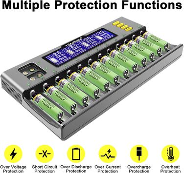 Слотовий РК-дисплей швидкий зарядний пристрій, інтелектуальний універсальний зарядний пристрій для літій-іонних (IMR/ICR) LiFePO4 Ni-MH/Cd 18650 21700 26650 18350 14500 RCR123 9V батарей AA AAA C, 12 18650 12-