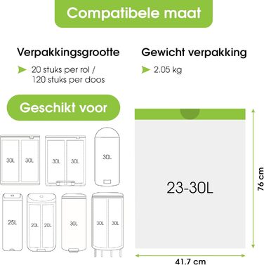 Сміттєві пакети - 23/30 л - Підходять для сміттєвих баків Brabantia Код G - 6 рулонів по 20 пакетів - 23-30 літрів із застібкою на шнурку