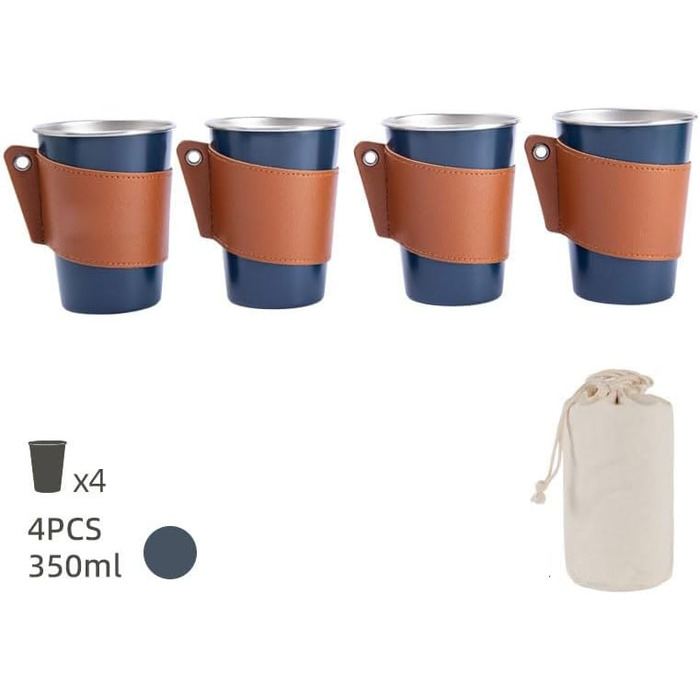Набір кемпінгових чашок з нержавіючої сталі 304 з шкіряним тримачем, велика місткість 350 мл, 4-елементні штабелювані чашки для подорожей та пікніків